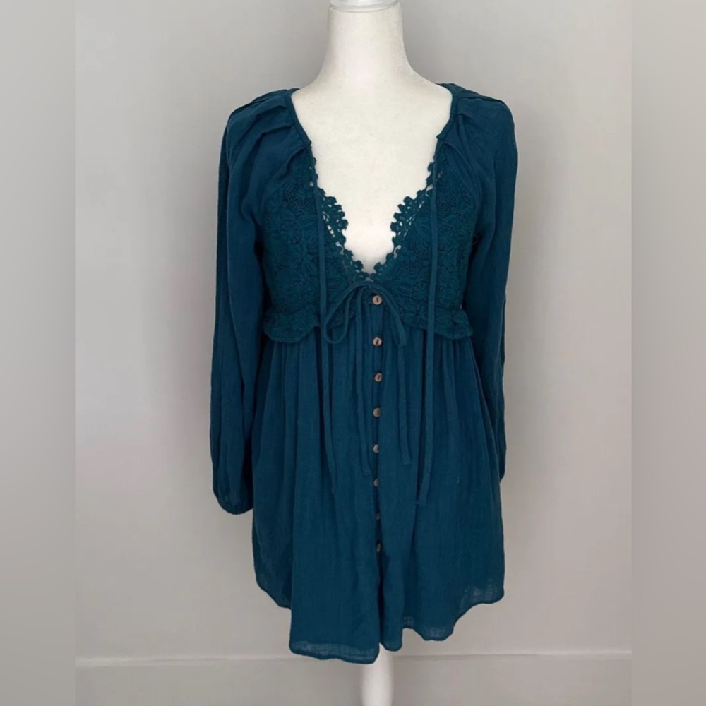 Free People Summer Struttin Puff Long Sleeve Mini Dress Dark Teal - Picture 9 of 9